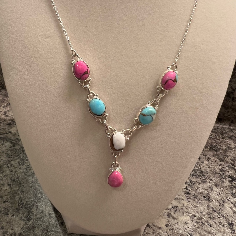 Turquoise “Cotton Candy Dahlia” 925 Sterling Silver Necklace - Picture 2 of 5
